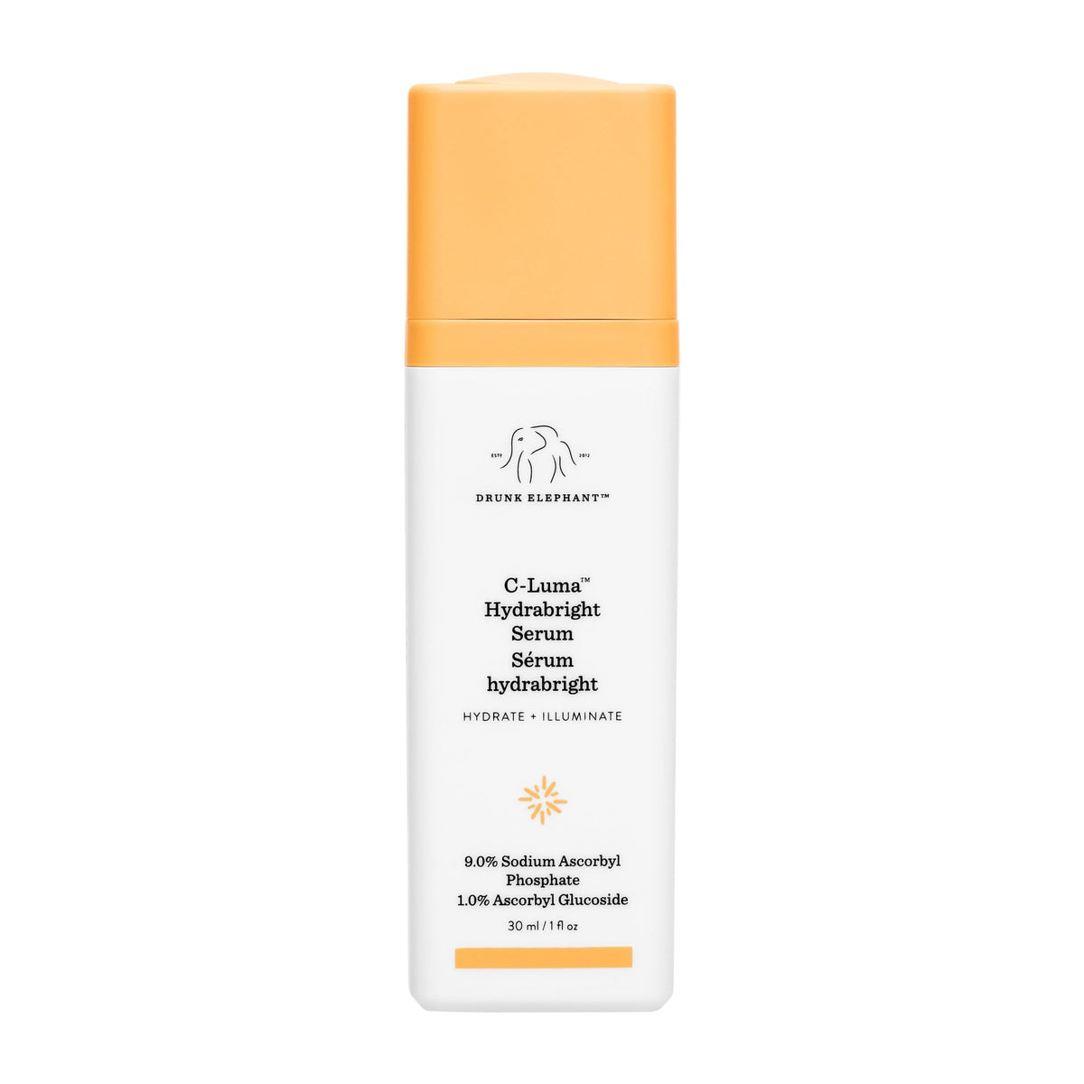 Drunk Elephant front packaging showing bottle and brightening serum benefits