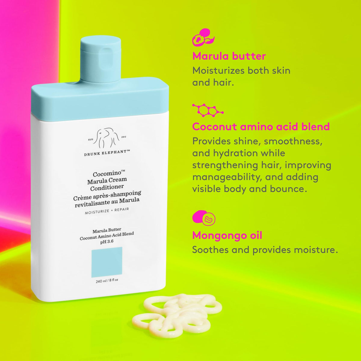 Drunk Elephant label close-up listing key ingredients for informed ingredient benefits