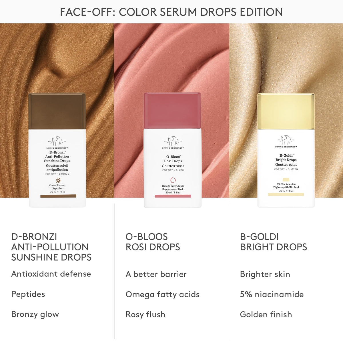 Drunk Elephant cheek swatch before and after showing natural bronzed effect and radiance