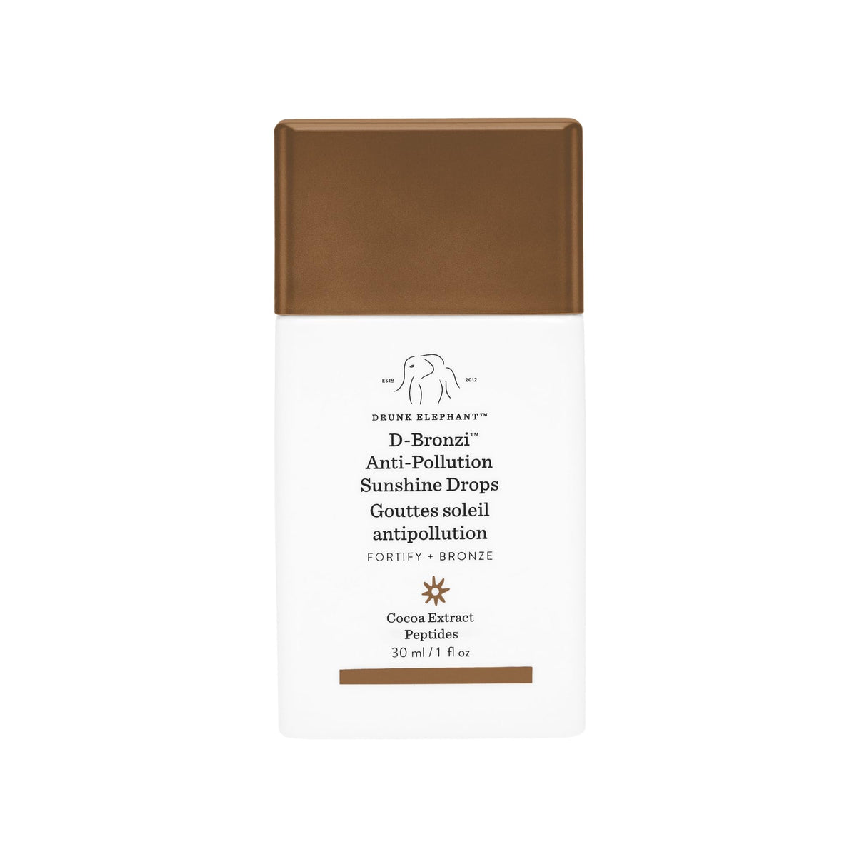 Drunk Elephant front packaging bottle showing bronzing serum and clean design for effortless glow