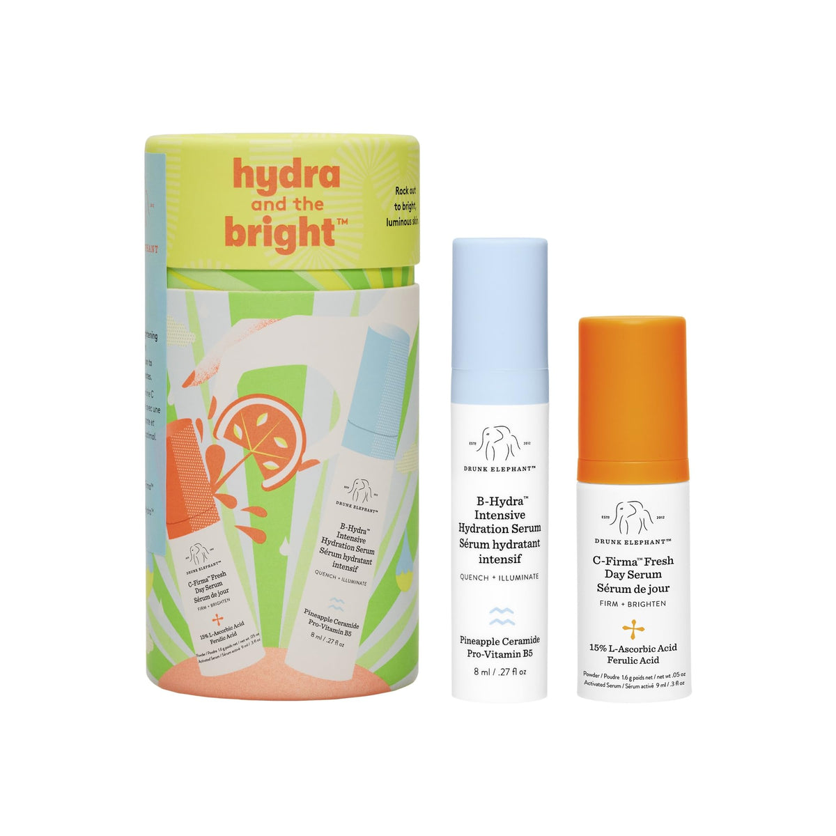 Drunk Elephant duo front packaging showing travel-size bottles and branding for portability