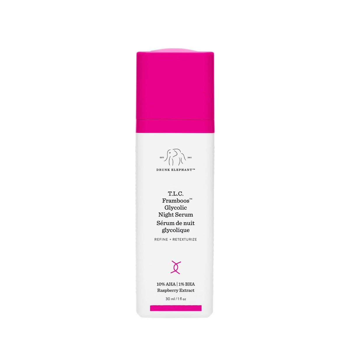 Drunk Elephant bottle front packaging showing clean clinical design and benefits
