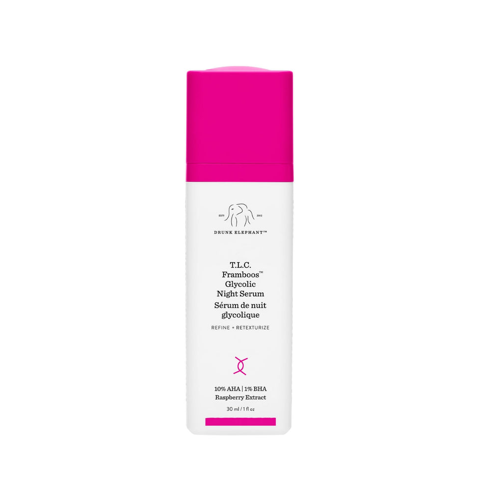 Drunk Elephant bottle front packaging showing clean clinical design and benefits
