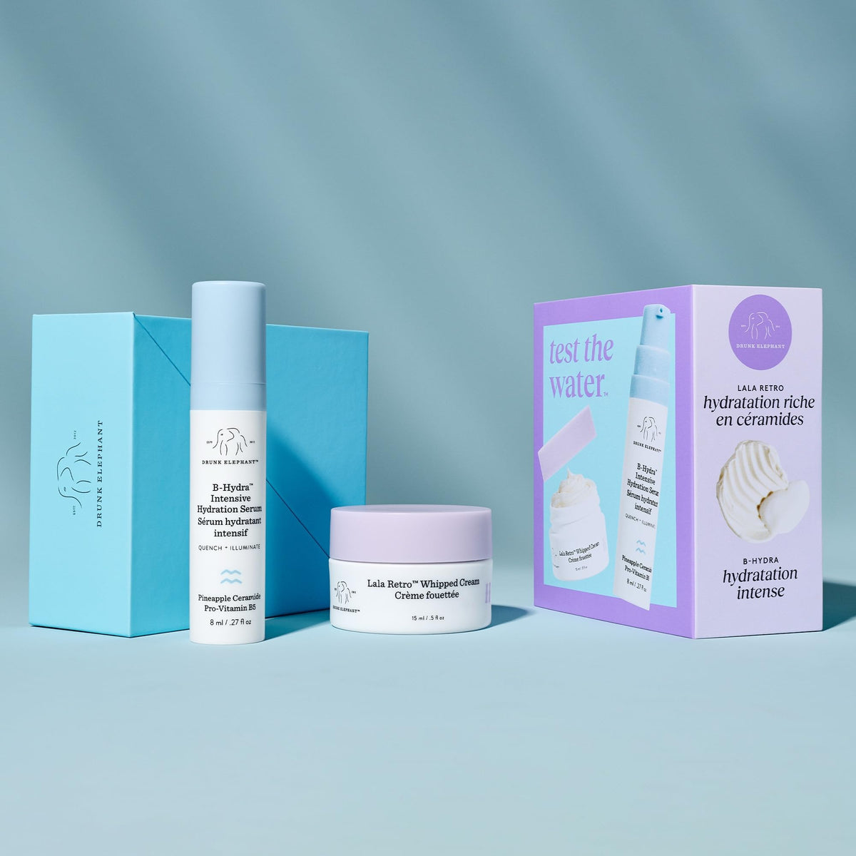 Drunk Elephant ingredient flatlay with ceramides and oils showing barrier support
