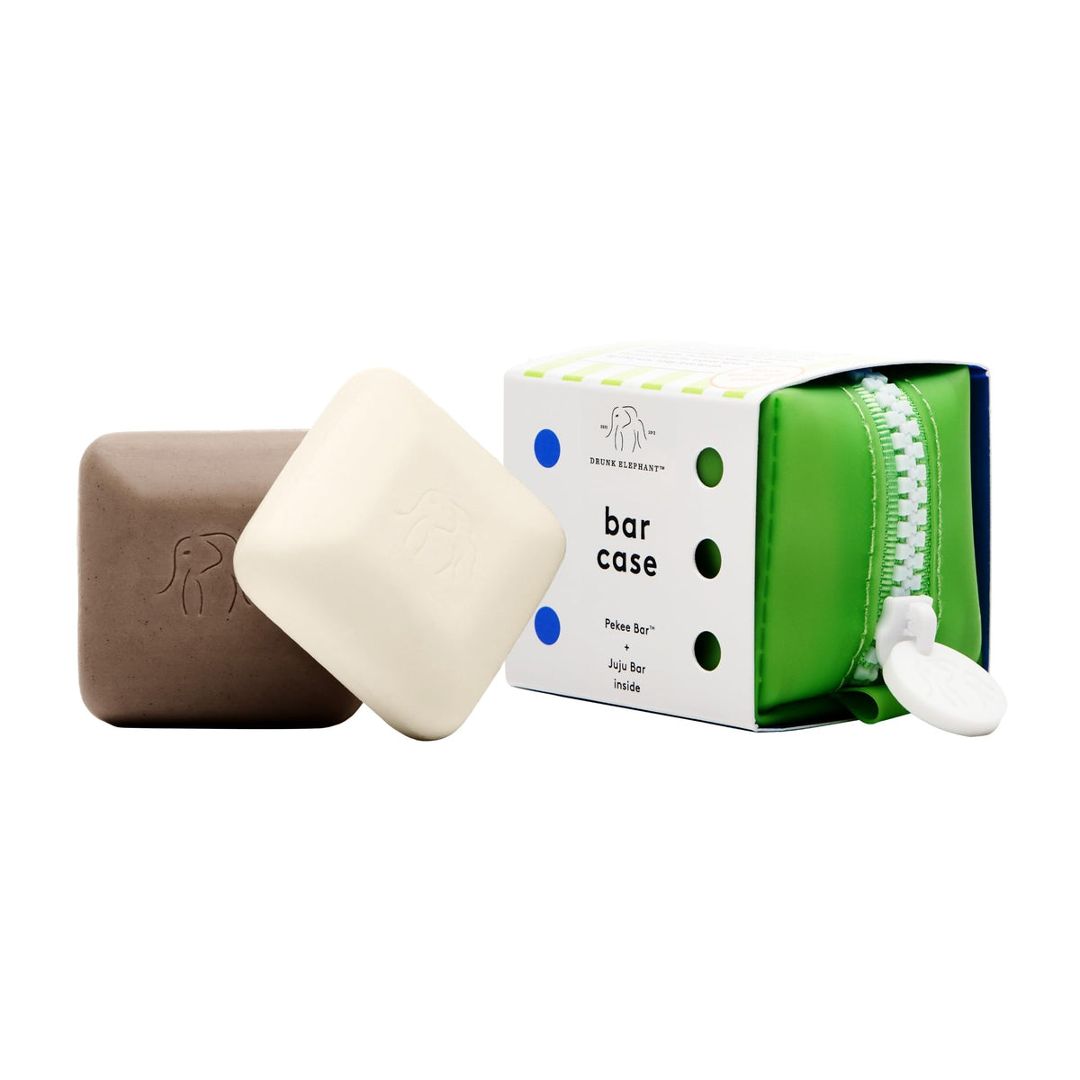 Drunk Elephant front packaging showing both bars and travel case for convenient travel