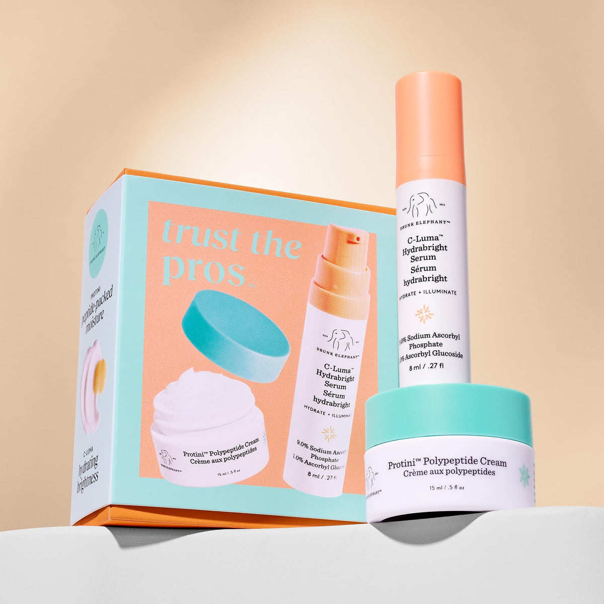 Drunk Elephant kit staged on bathroom shelf suggesting daily routine