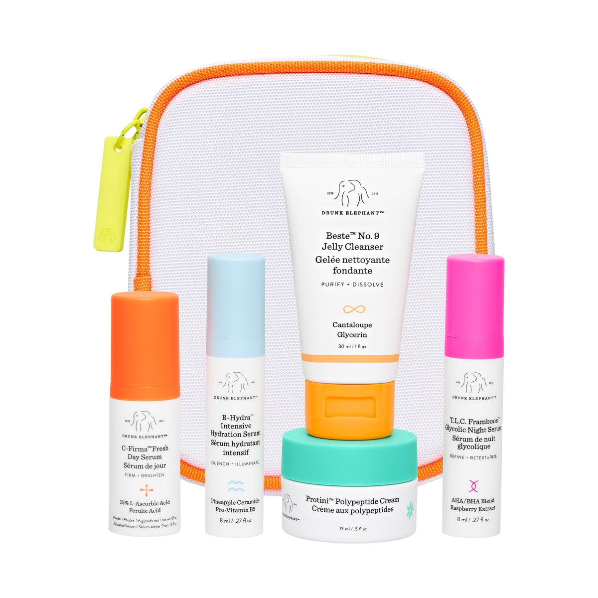 drunk elephant front packaging of The Littles kit showing travel-size bottles and logo, clear routine benefits
