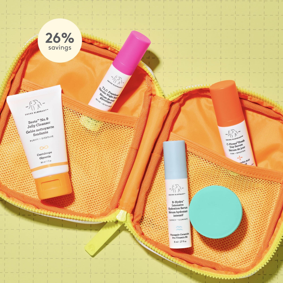 drunk elephant open kit layout with five minis displayed, convenient travel routine visual
