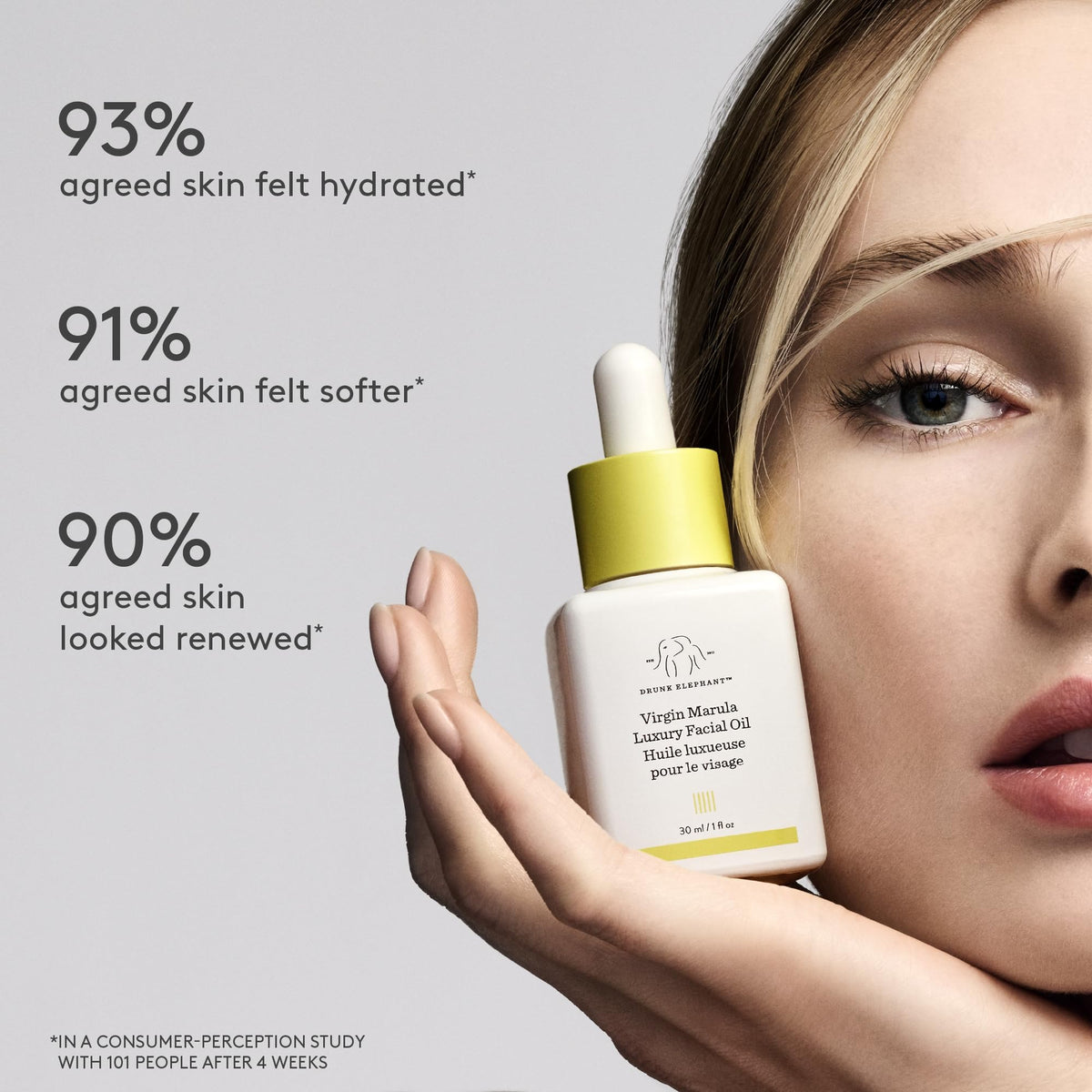 Drunk Elephant dropper releasing oil showing silky texture and fast absorption benefit