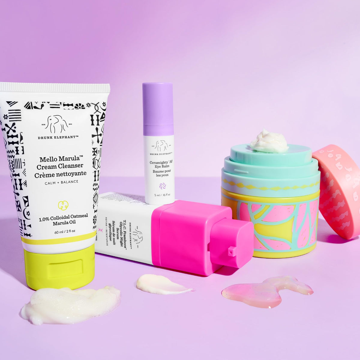 Drunk Elephant Mello Marula cleanser pump detail demonstrating gentle makeup removal and soothing effect