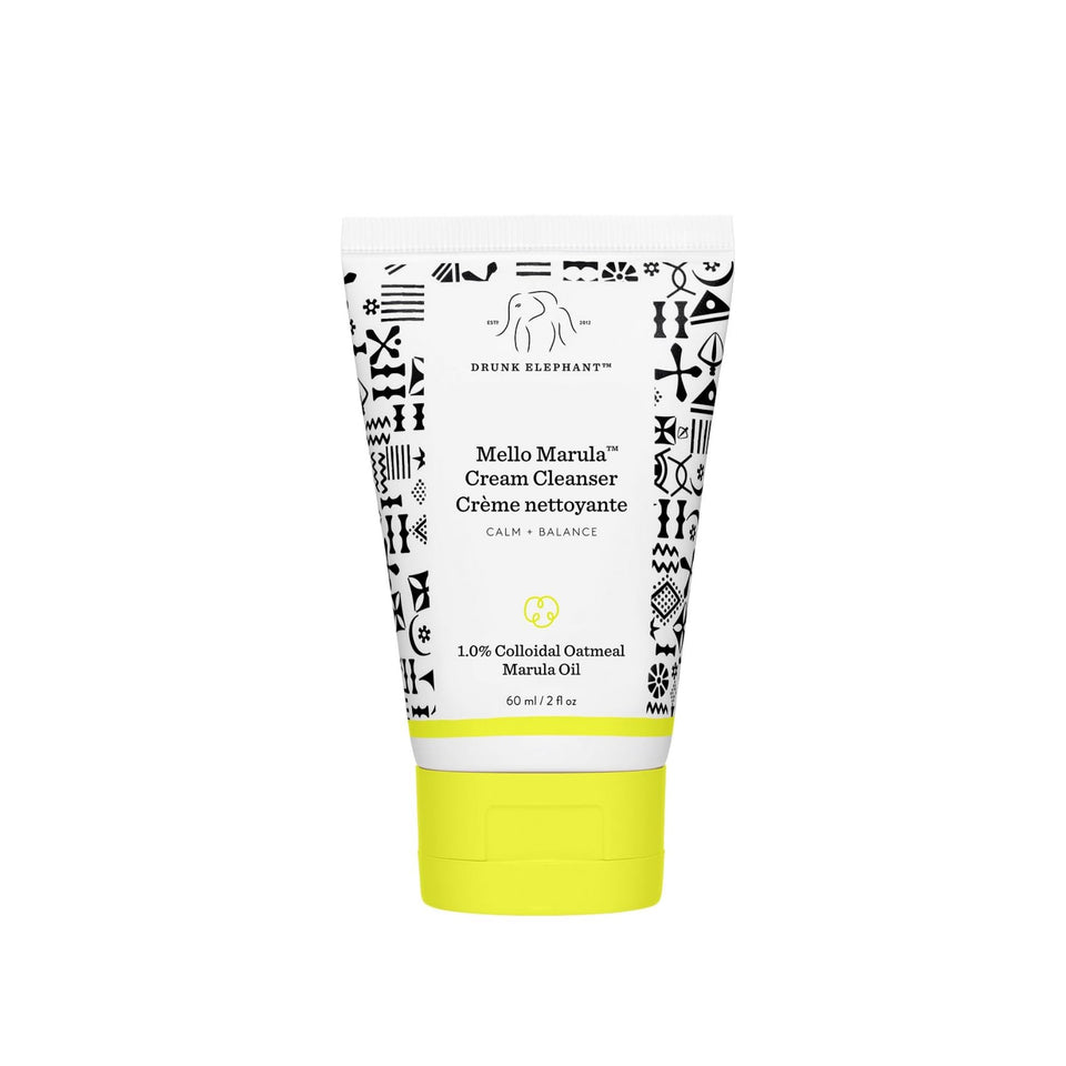 Drunk Elephant front packaging of Mello Marula cream cleanser showing tube and label benefit