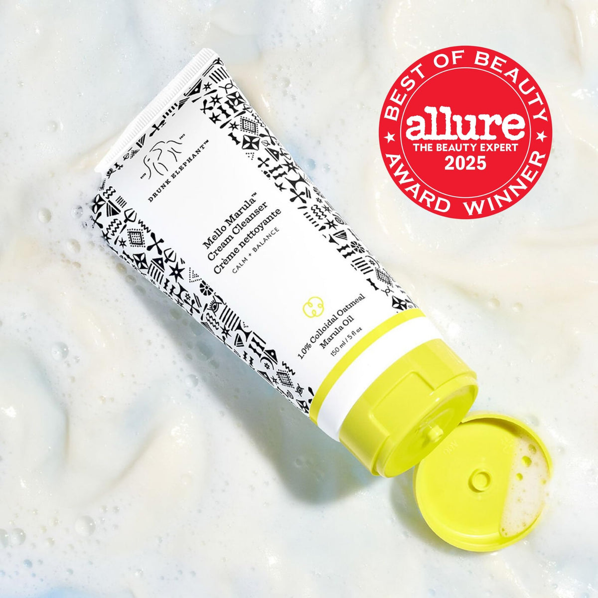 Drunk Elephant close-up cream texture highlighting gentle, low-lather feel