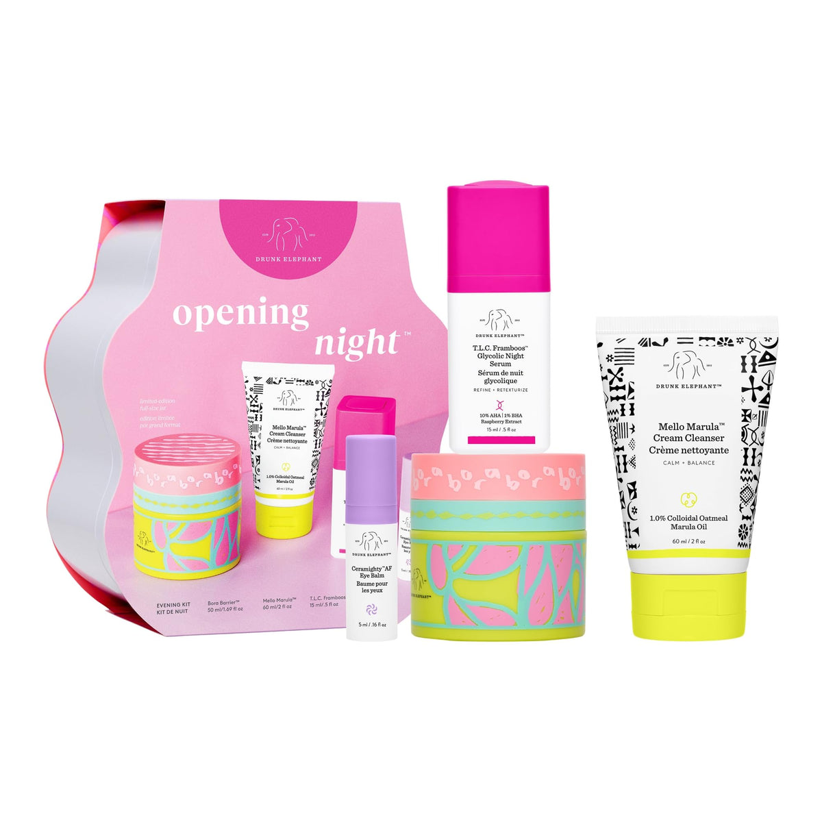 Drunk Elephant opening night kit front packaging showing all included products for routine convenience