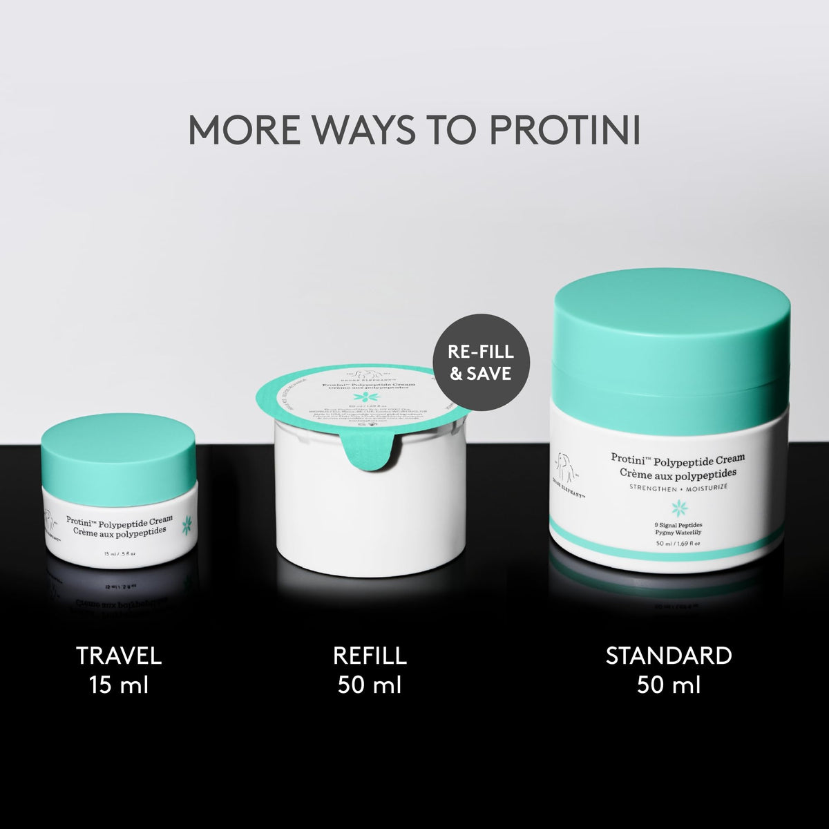 Drunk Elephant Protini jar among serums and sunscreen in skincare routine