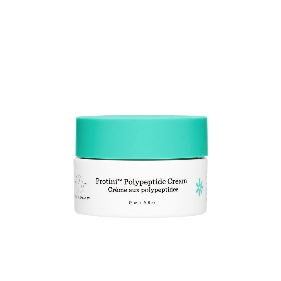 Drunk Elephant Protini front packaging shows compact travel jar and clear branding benefit travel-ready