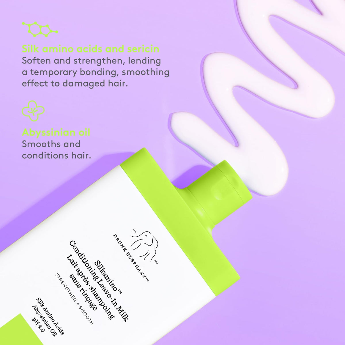 Drunk Elephant Silkamino applied to damp hair demonstrating detangling benefit