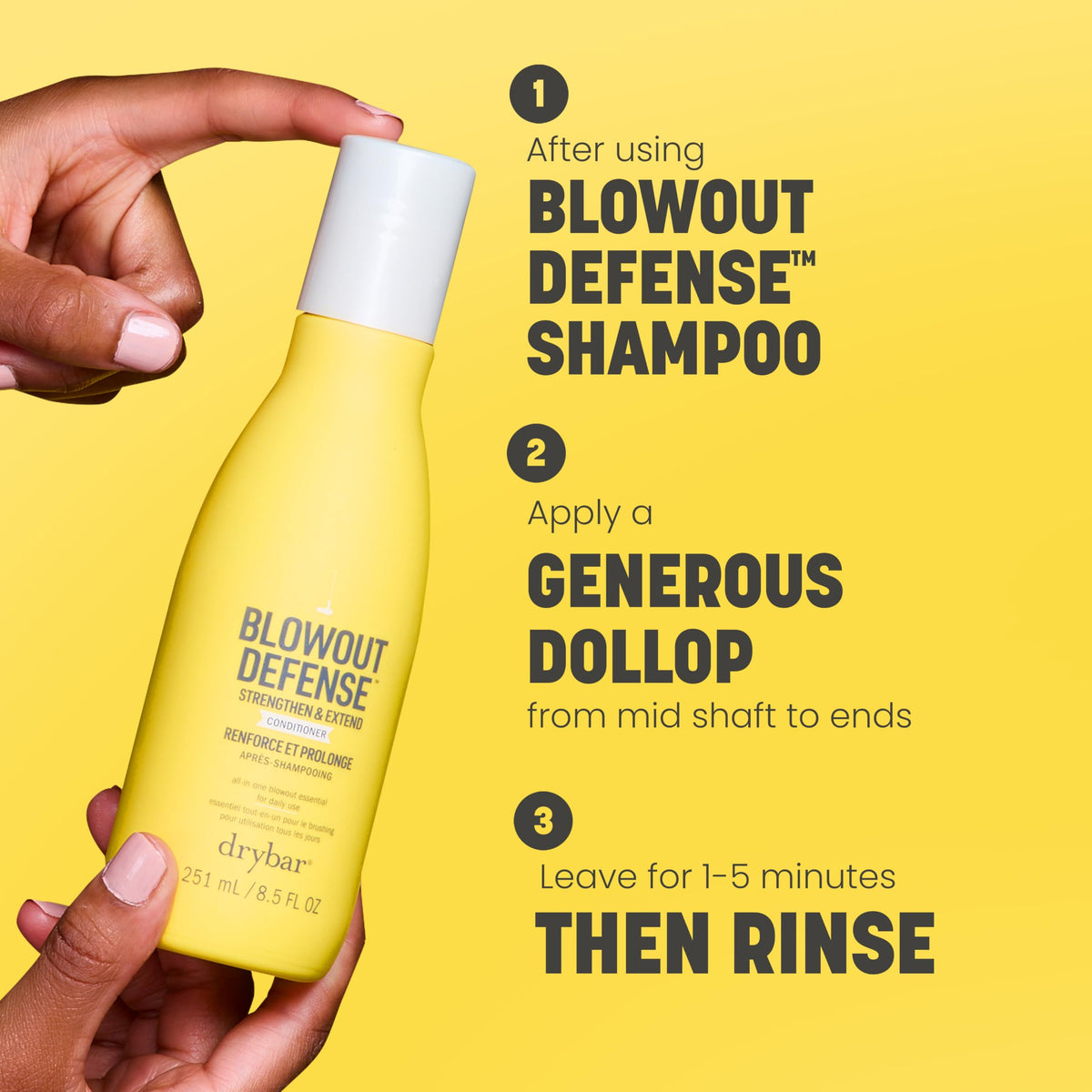 Drybar conditioner in hand showing scale and easy-to-dispense benefit