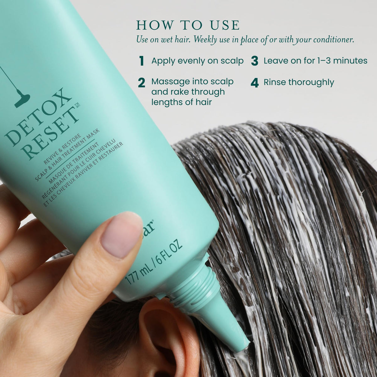 Drybar scalp application being massaged in, soothes and rebalances scalp