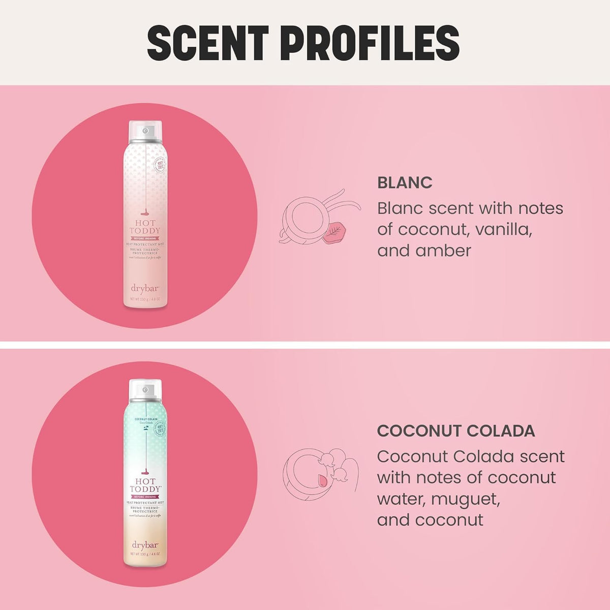 Drybar label close-up with claims, displays heat protection and ingredient highlights