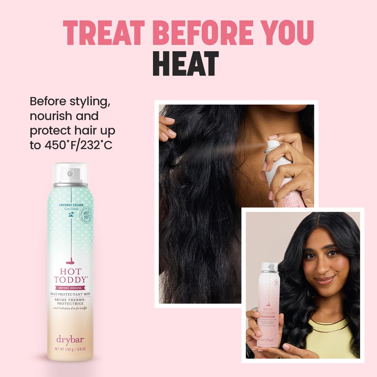 Drybar mist spraying onto hair demonstrating even application and thermal defense