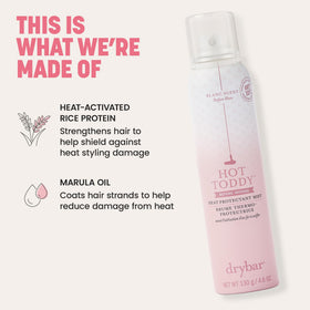 Drybar Hot Toddy mist settling on hair to show smooth texture and reduced frizz benefit