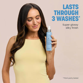 Drybar Liquid Glass before and after split image highlighting frizz reduction