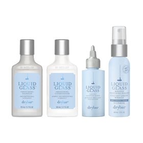 Drybar travel kit front view showing all Liquid Glass bottles and benefits