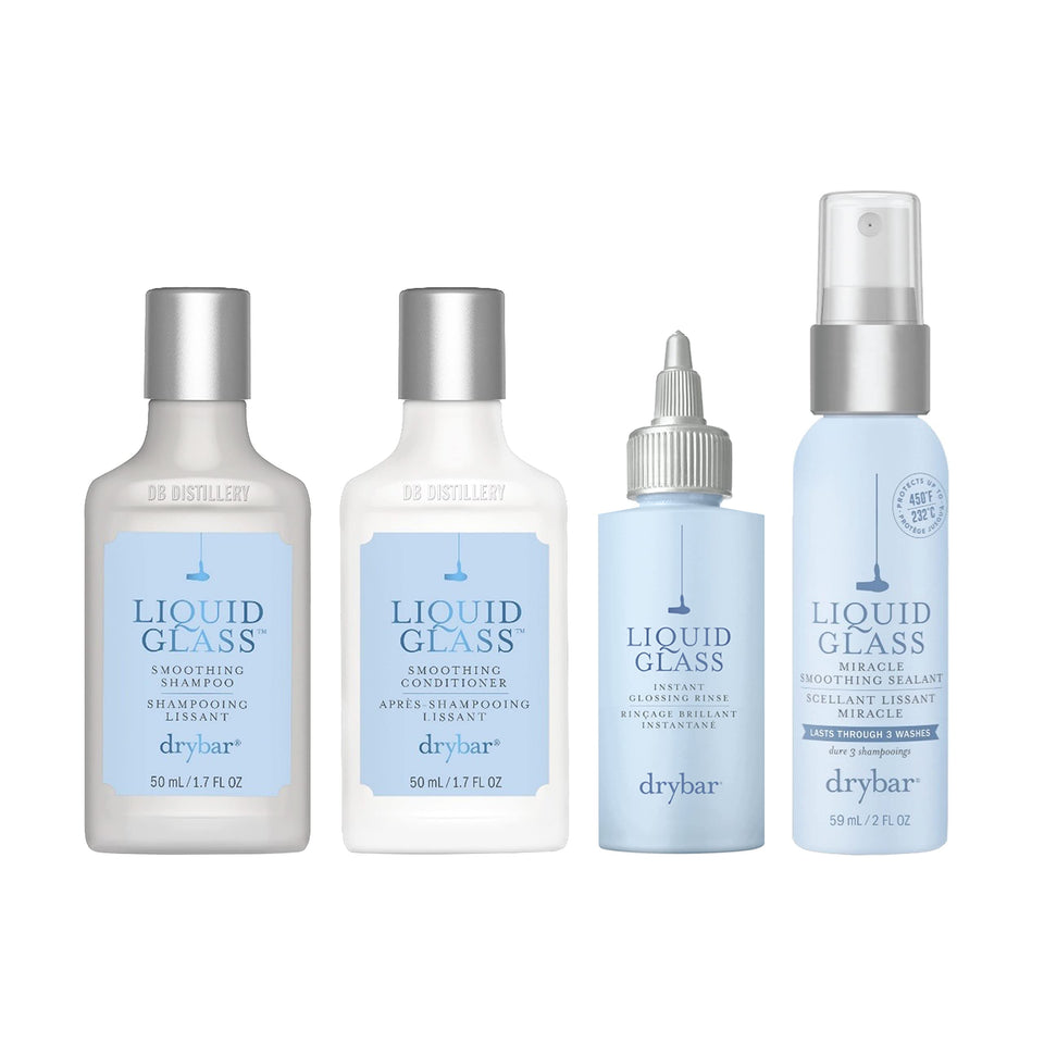 Drybar travel kit front view showing all Liquid Glass bottles and benefits