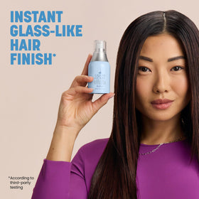 Before and after hair comparison with Drybar Liquid Glass showing reduced frizz