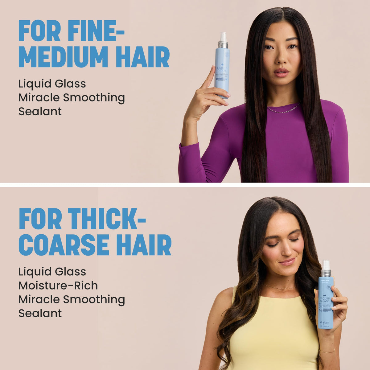 Drybar glossy finish on fine hair showing smooth, high-shine result