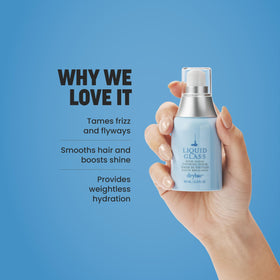 Drybar Liquid Glass next to common objects to show compact size and portability