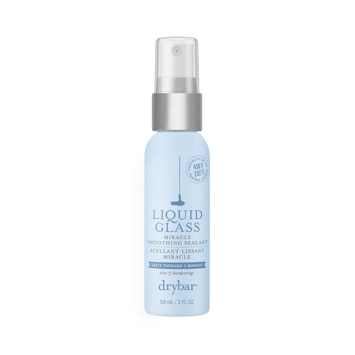 Drybar travel-size bottle front packaging showing compact protection and shine