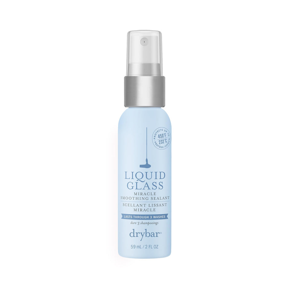Drybar travel-size bottle front packaging showing compact protection and shine