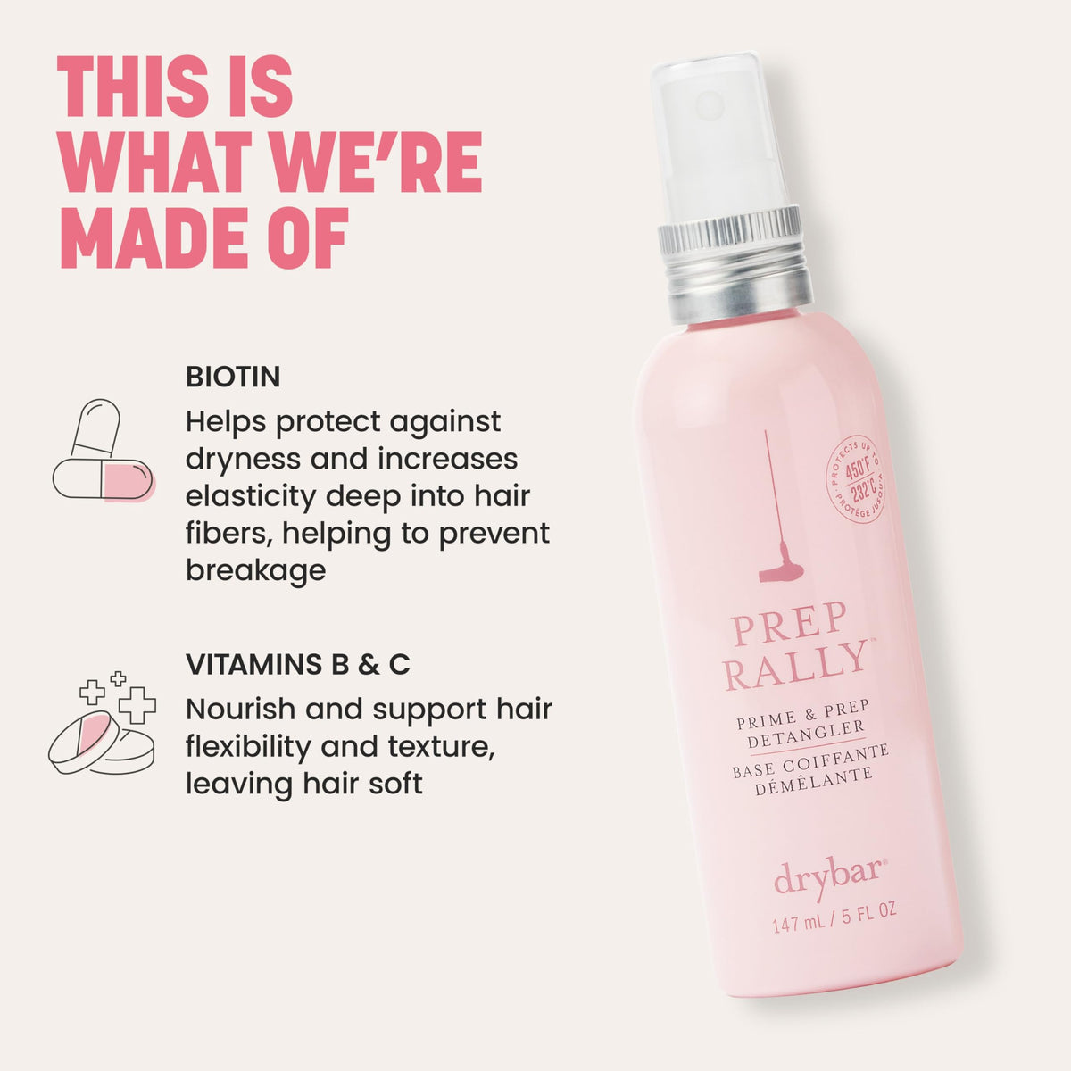 Drybar Prep Rally ingredients label highlighting biotin and vitamins
