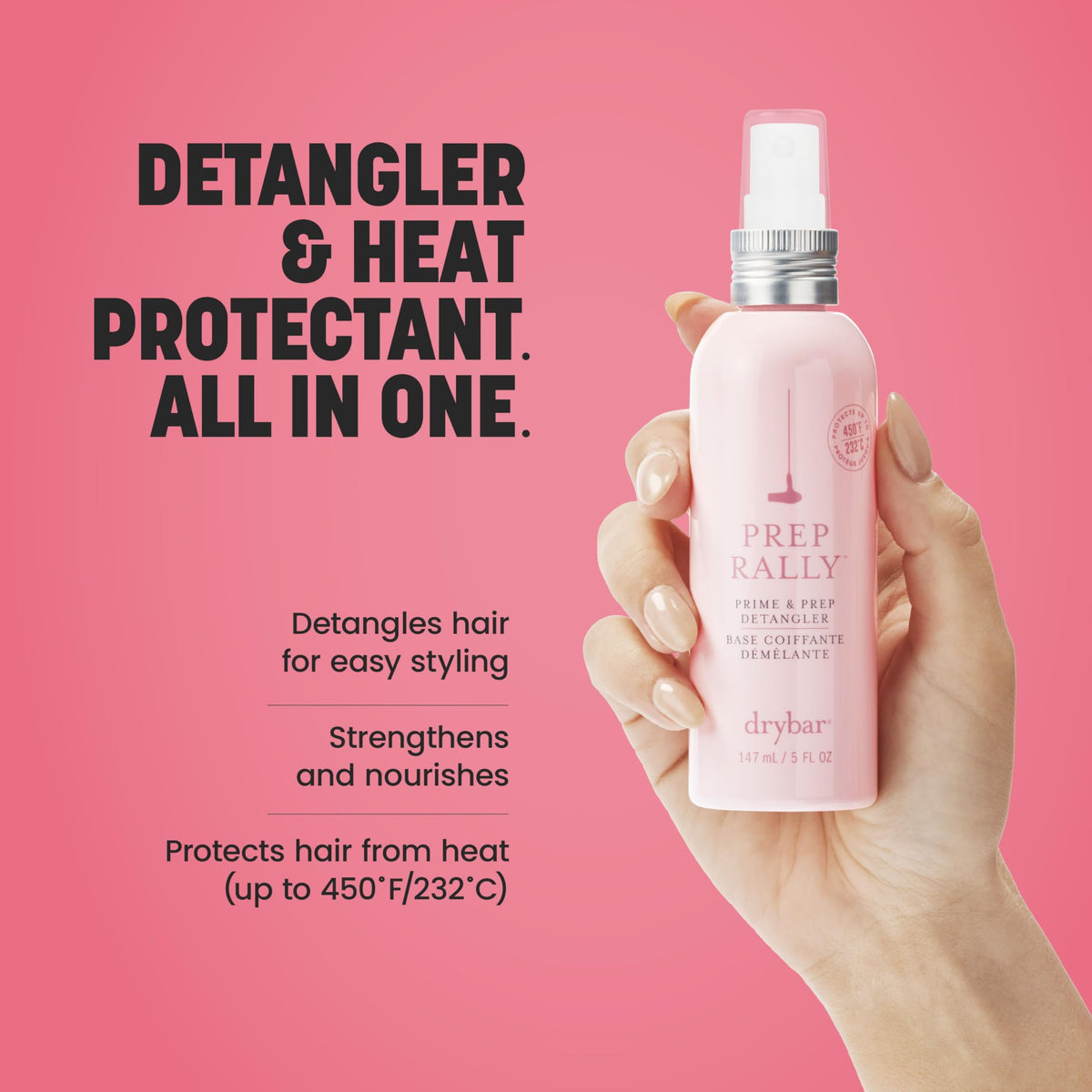 Drybar label highlighting Noir scent notes and lightweight protection benefit
