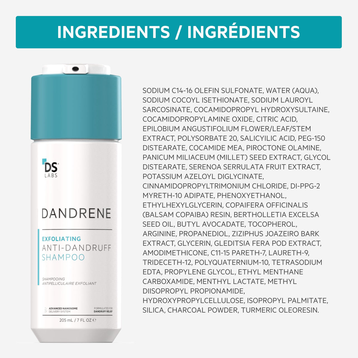 DS Laboratories ingredients list close-up showing transparent formulation benefit