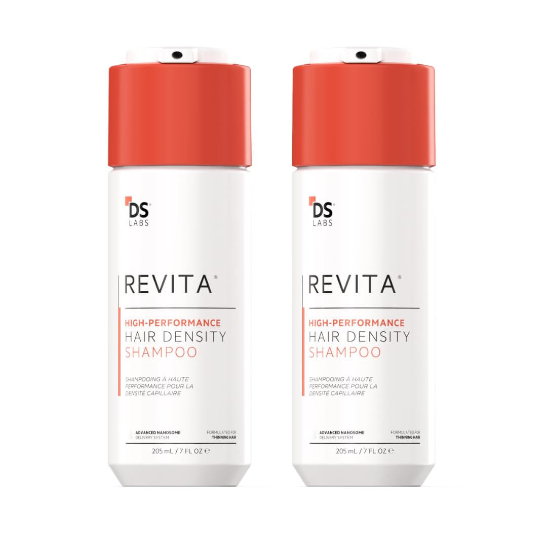 DS Laboratories front view of two Revita Shampoo bottles showing packaging and product size benefit