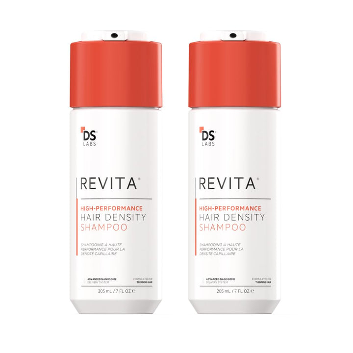 DS Laboratories front view of two Revita Shampoo bottles showing packaging and product size benefit