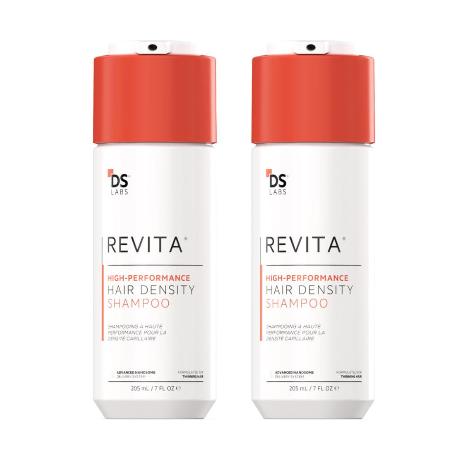 DS Laboratories front view of two Revita Shampoo bottles showing packaging and product size benefit