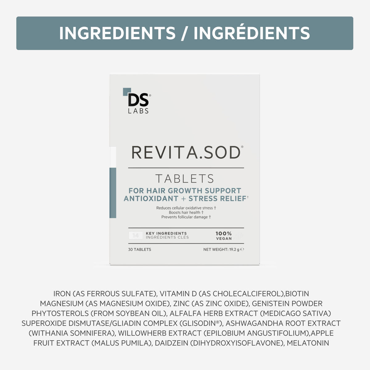 DS Laboratories tablet with ingredient graphic emphasizing antioxidant and zinc support