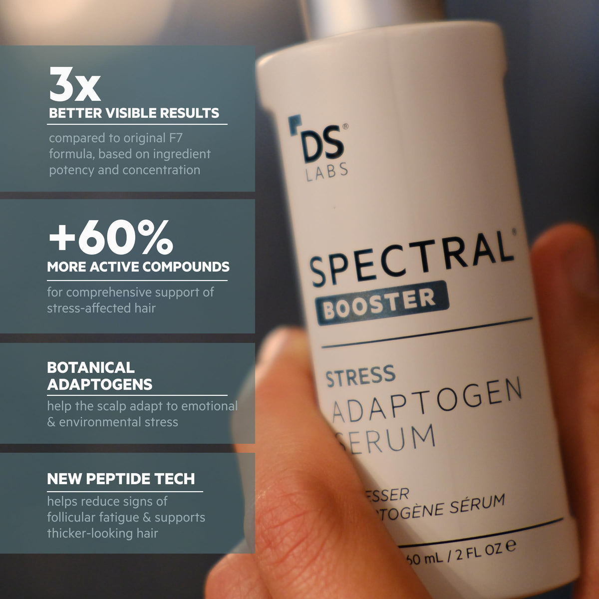 DS Laboratories 60mL bottle next to common items for size comparison
