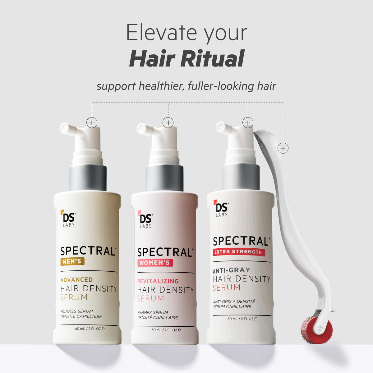 DS Laboratories StimuROLLER placed on vanity beside serums showing at-home beauty routine