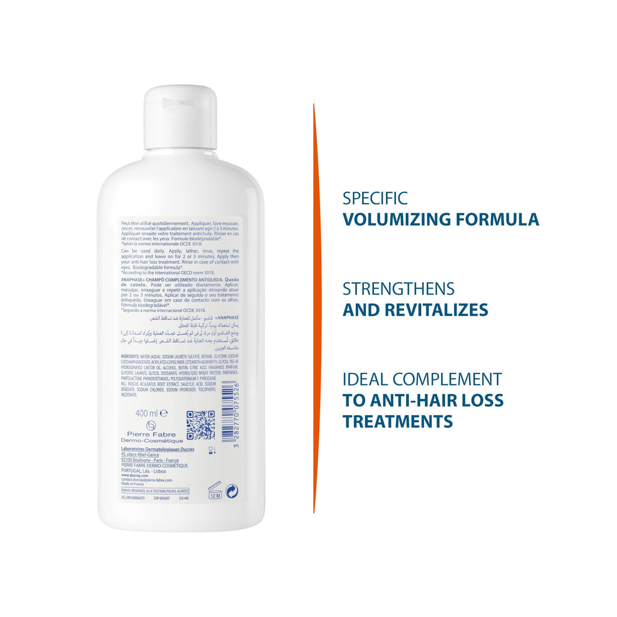 Ducray Anaphase+ bottle held in hand for size reference and travel convenience
