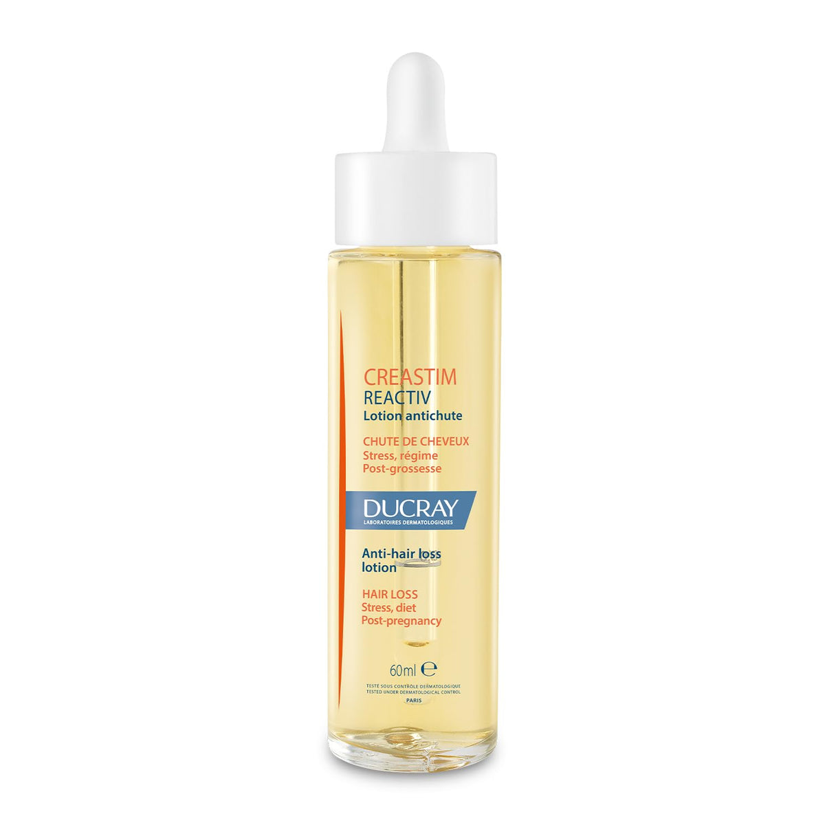 Ducray Creastim front packaging shows bottle and box for clear product ID and trust