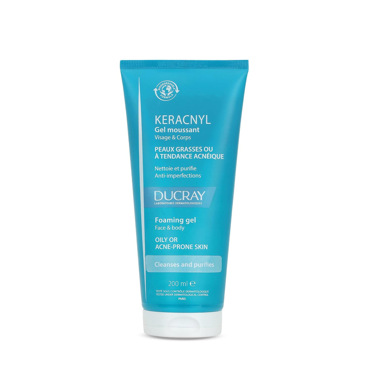 Ducray Keracnyl front packaging showing product and clear label benefit