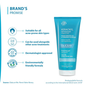 Ducray Keracnyl bottle next to hand to show product size and scale