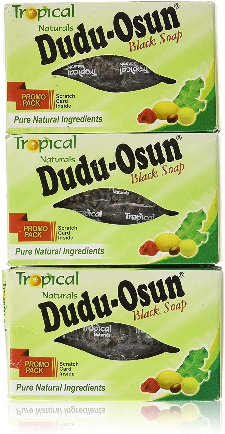 Dudu-Osun front packaging showing five black soap bars and branding