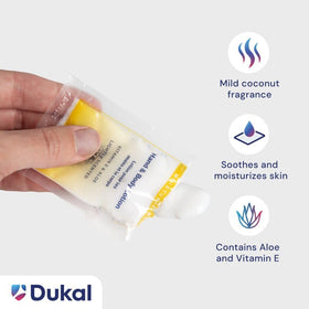 Dukal lotion rubbed into hand showing smooth finish and quick absorption