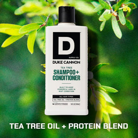 Duke Cannon bottle on shower shelf showing easy everyday use