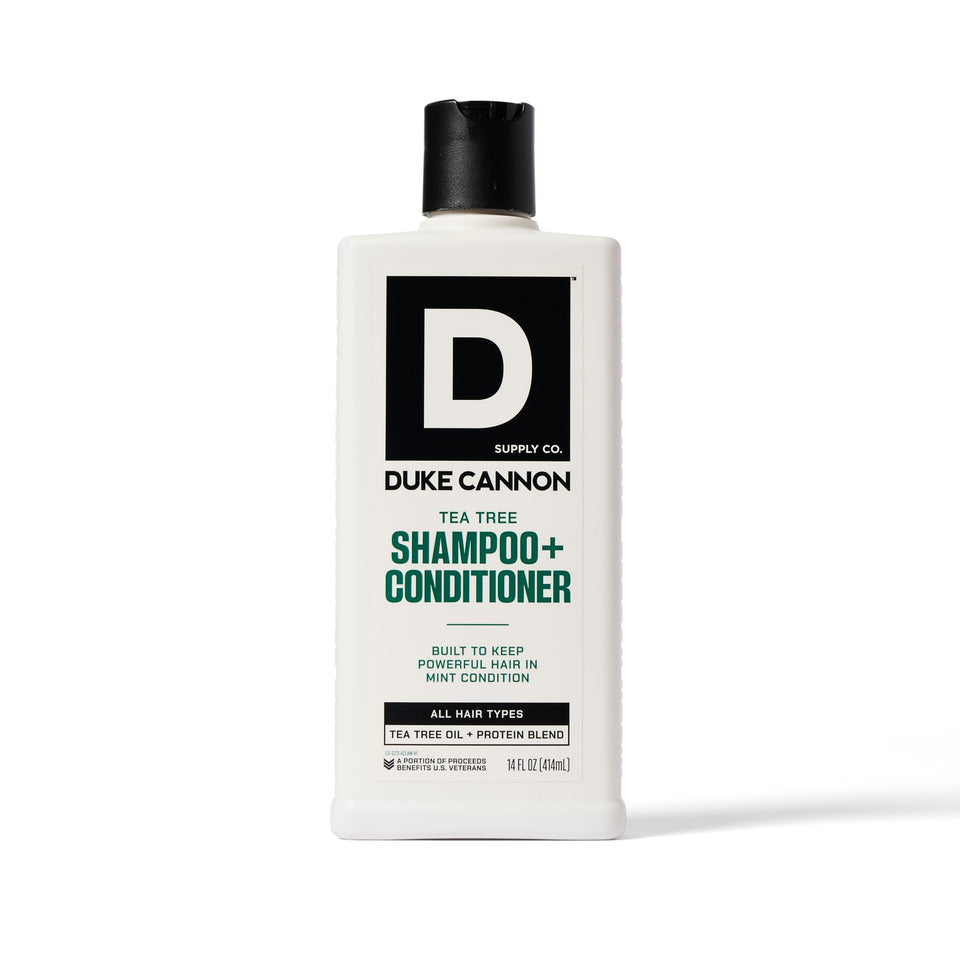 Duke Cannon front packaging showing bottle and bold label benefit